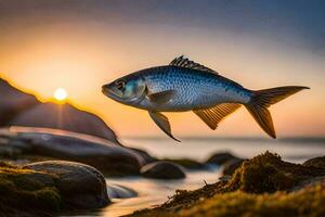 een vis is vliegend over- de oceaan Bij zonsondergang. ai-gegenereerd foto