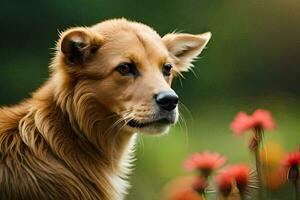 een hond is op zoek Bij de camera met bloemen in de achtergrond. ai-gegenereerd foto