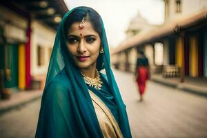 een mooi Indisch vrouw in een traditioneel sari. ai-gegenereerd foto