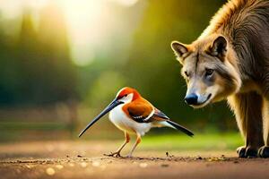 een wolf en een vogel staand De volgende naar elk ander. ai-gegenereerd foto