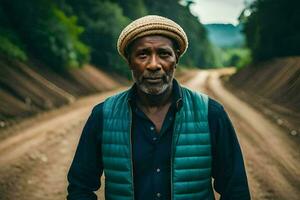 een Afrikaanse Mens staand Aan een aarde weg. ai-gegenereerd foto