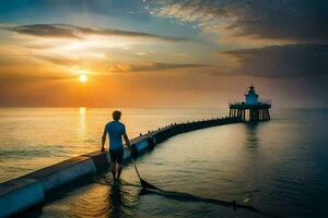 een Mens staand Aan de pier Bij zonsondergang. ai-gegenereerd foto
