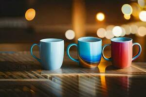 drie koffie cups Aan een houten tafel. ai-gegenereerd foto