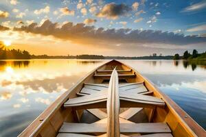 een kano is drijvend Aan de water Bij zonsondergang. ai-gegenereerd foto