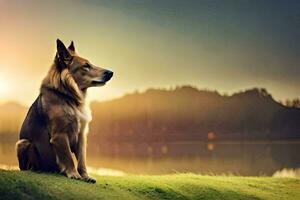 een Duitse herder hond zittend Aan de gras Bij zonsondergang. ai-gegenereerd foto