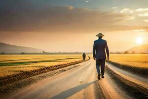 een Mens in een pak en hoed wandelen naar beneden een aarde weg. ai-gegenereerd foto