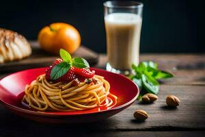 spaghetti met aardbeien en noten Aan een bord. ai-gegenereerd foto