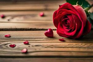 een single rood roos Aan een houten tafel met harten. ai-gegenereerd foto