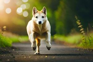 een wit hond rennen Aan een weg in de zonlicht. ai-gegenereerd foto