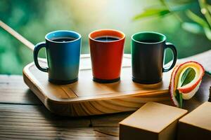 drie kleurrijk koffie mokken Aan een houten dienblad. ai-gegenereerd foto