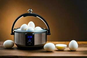 een elektrisch druk kookplaat met eieren in het. ai-gegenereerd foto