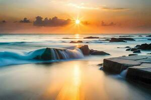 zonsondergang over- de oceaan met rotsen en water. ai-gegenereerd foto