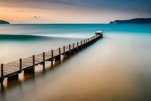 een lang blootstelling fotograaf van een pier in de oceaan. ai-gegenereerd foto