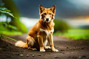 een hond zittend Aan de grond in de midden- van een veld. ai-gegenereerd foto