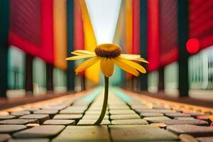 een single geel bloem staat alleen Aan een steen loopbrug. ai-gegenereerd foto