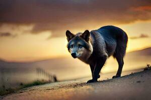 een wolf is wandelen Aan de weg Bij zonsondergang. ai-gegenereerd foto