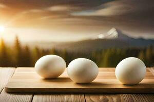 drie eieren Aan een houten bord met bergen in de achtergrond. ai-gegenereerd foto