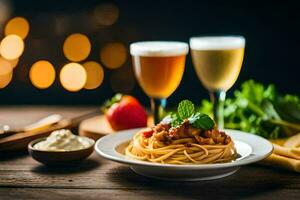 spaghetti met vlees en kaas Aan een bord. ai-gegenereerd foto