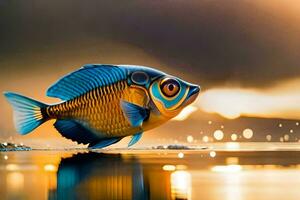 een vis met blauw en geel strepen is getoond in de water. ai-gegenereerd foto