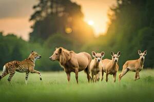 een Jachtluipaard en een paard zijn wandelen in de gras. ai-gegenereerd foto