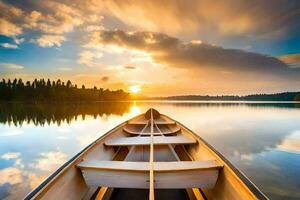 de boot is Aan de kalmte water Bij zonsondergang. ai-gegenereerd foto