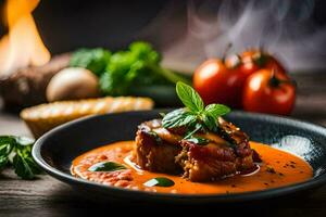 een bord van voedsel met vlees en tomaat saus. ai-gegenereerd foto