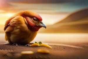 een vogel is zittend Aan een zand duin met een geel stuk van fruit. ai-gegenereerd foto