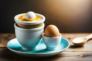 een ei in een kop en twee cups Aan een bord. ai-gegenereerd foto