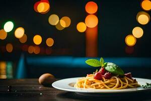 spaghetti met tomaat saus en basilicum Aan een bord. ai-gegenereerd foto