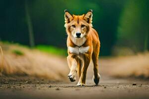 een rood hond rennen Aan een aarde weg. ai-gegenereerd foto