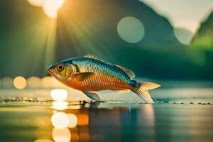 een vis is staand Aan de water met de zon schijnt. ai-gegenereerd foto