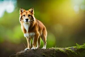 een hond staand Aan top van een rots in de Woud. ai-gegenereerd foto