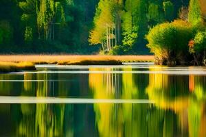 een rivier- met bomen en gras in de voorgrond. ai-gegenereerd foto