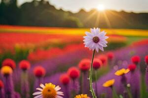 een bloem staat in voorkant van een veld- van kleurrijk bloemen. ai-gegenereerd foto