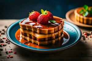 een stack van wafels met aardbeien en siroop. ai-gegenereerd foto