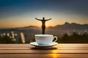 een kop van koffie Aan een houten tafel met een silhouet van een Mens in de achtergrond. ai-gegenereerd foto