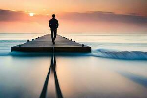 een Mens staand Aan een pier Bij zonsondergang. ai-gegenereerd foto