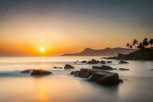 de zon stijgt over- de oceaan en rotsen. ai-gegenereerd foto