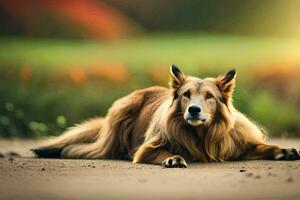 een hond houdende Aan de grond in de zon. ai-gegenereerd foto