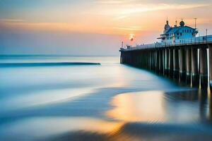 een lang blootstelling fotograaf van een pier Bij zonsondergang. ai-gegenereerd foto