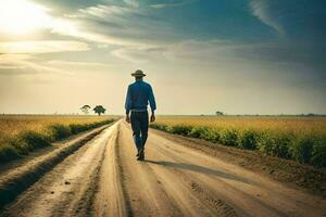 een Mens in een hoed wandelingen naar beneden een aarde weg. ai-gegenereerd foto