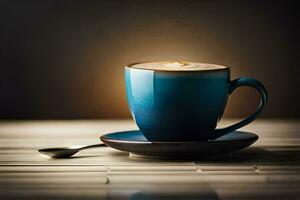 een cappuccino in een blauw kop Aan een houten tafel. ai-gegenereerd foto