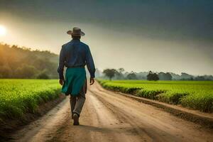 een Mens in een hoed en blauw overhemd wandelen naar beneden een aarde weg. ai-gegenereerd foto