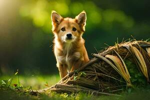 een puppy is staand in de gras De volgende naar een stapel van stokken. ai-gegenereerd foto