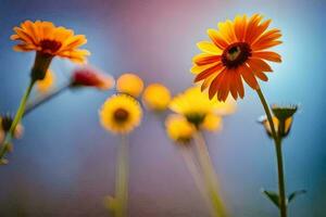 oranje bloemen in de zon met een blauw achtergrond. ai-gegenereerd foto