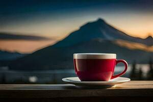 een rood koffie kop zit Aan een schotel Aan een houten tafel met uitzicht een berg. ai-gegenereerd foto