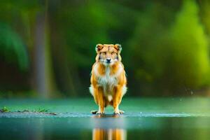 een hond staand Aan de rand van een meer. ai-gegenereerd foto