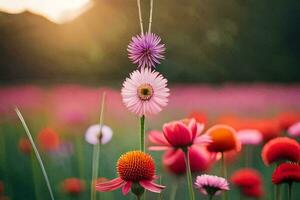 bloemen in een veld- Bij zonsondergang. ai-gegenereerd foto