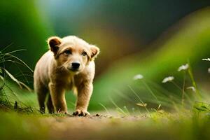 een puppy wandelen Aan een pad in de gras. ai-gegenereerd foto