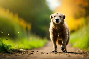 een hond wandelen naar beneden een aarde weg in de midden- van een veld. ai-gegenereerd foto